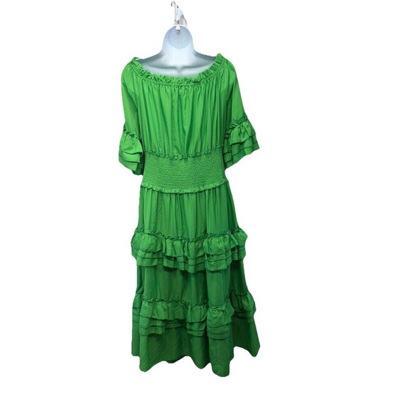 Wishing Waves Women's Dress Large Kelly Green Smocked tiered Ruffle Boho Resort - Picture 2 of 9